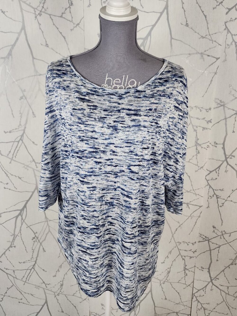 Halston Blue Spacedye 100% Linen Round Neck Top